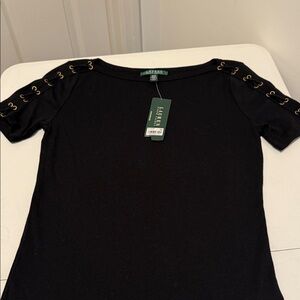 NWT Lauren Ralph Lauren Black Short Sleeve Cotton Crewneck Rope Tie Sleeves. M